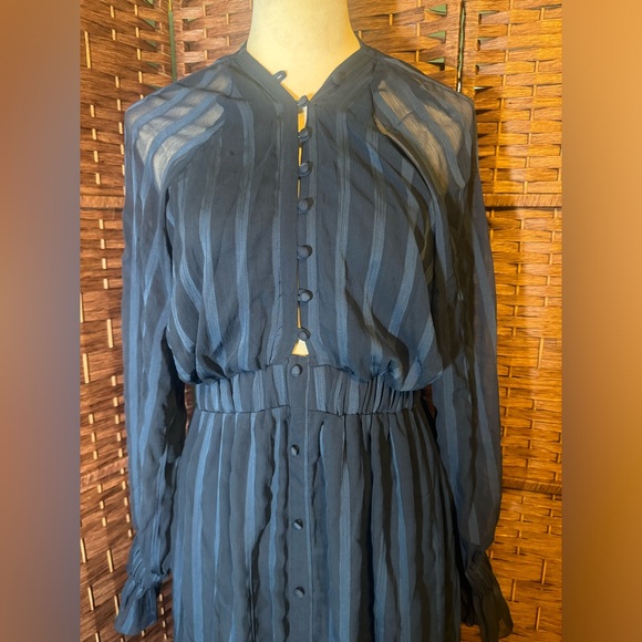 ASOS Dress Blue Pin Strip Sz 10 Sheer Overlay Long Sleeve Exposed Back ruffles - Picture 5 of 16